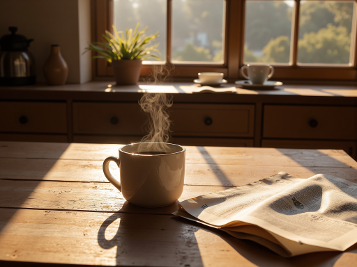 温暖阳光洒在书桌上的场景，木质桌面，笔记本，咖啡杯，柔和光线，温馨氛围