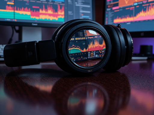 播客封面设计，夜晚城市灯光背景，包含耳机、笔记本电脑等科技元素，现代简约风格